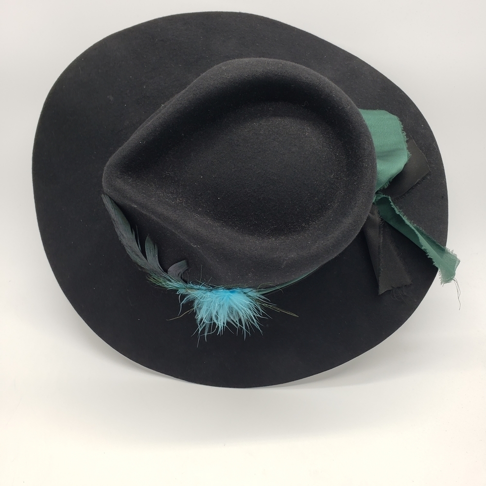 Lack Of Color Med 57cm Black Wool Hat Blue Feather green black band embroidered - Picture 2 of 11